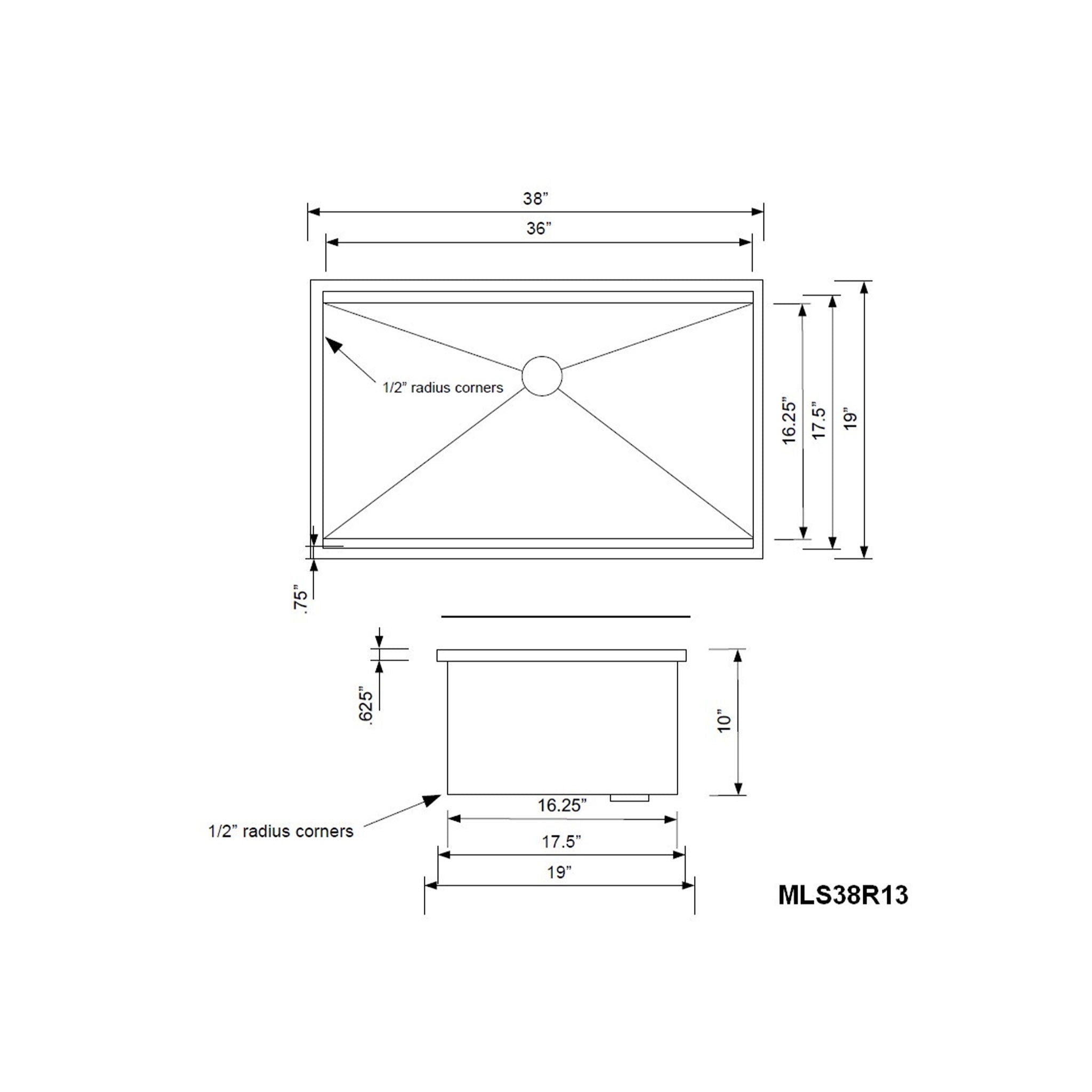 Technical drawing of 38-inch stainless steel undermount kitchen sink with dimensions. Includes 1/2-inch radius corners and center drain placement.