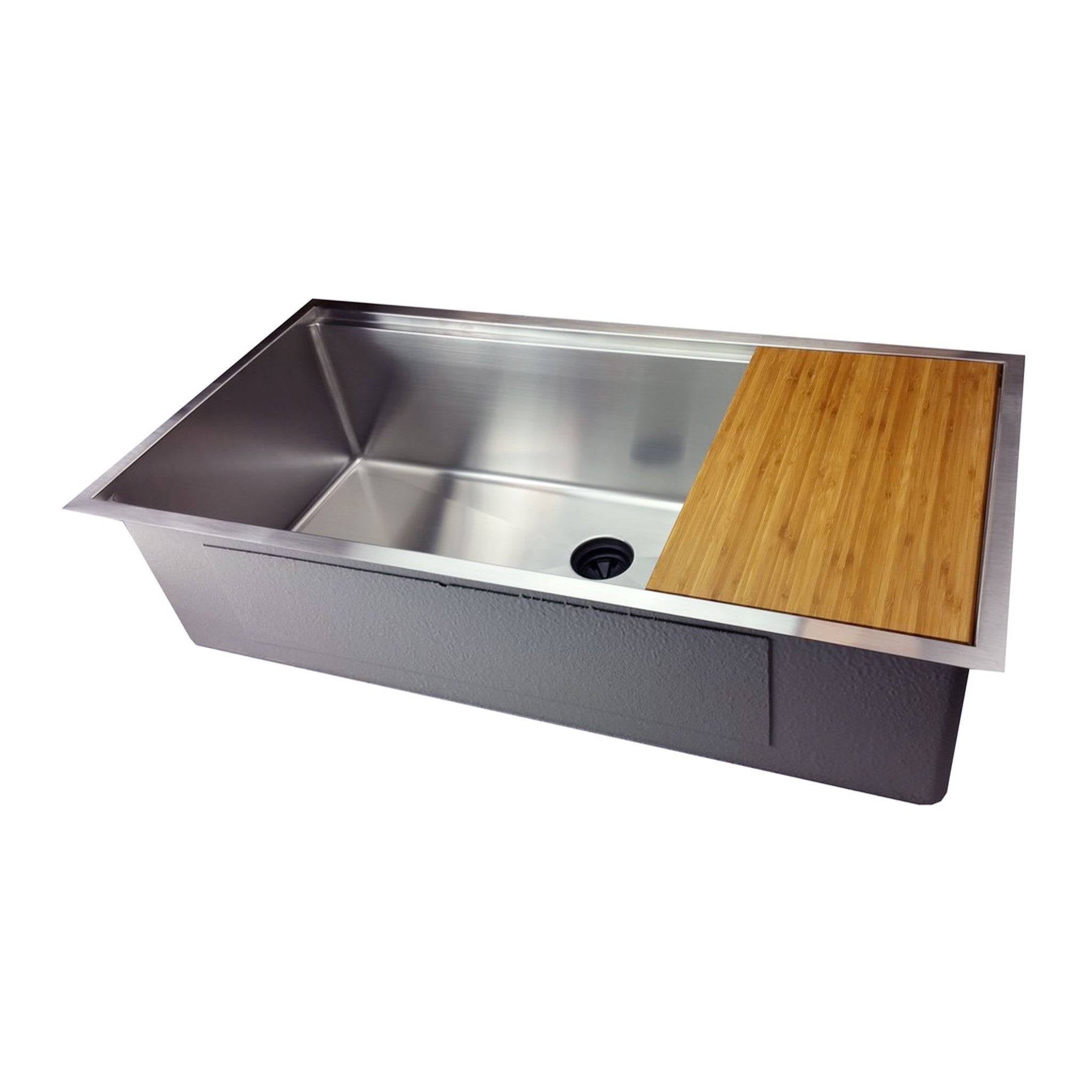38-inch stainless steel undermount kitchen sink with integrated ledge and bamboo cutting board. Maximizes workspace and kitchen efficiency.