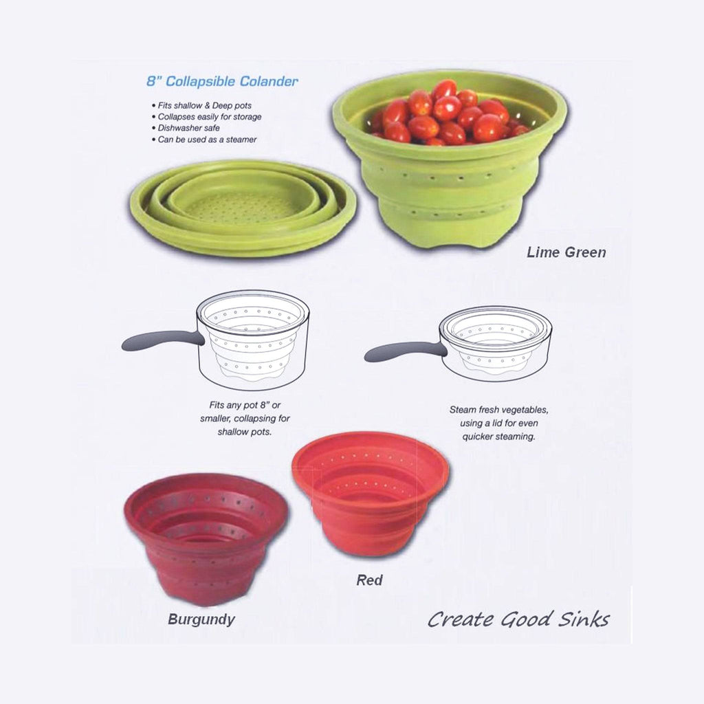 Seamless drain workstation sink with cutting board and silicone colander in Carrot Orange from Create Good Sinks