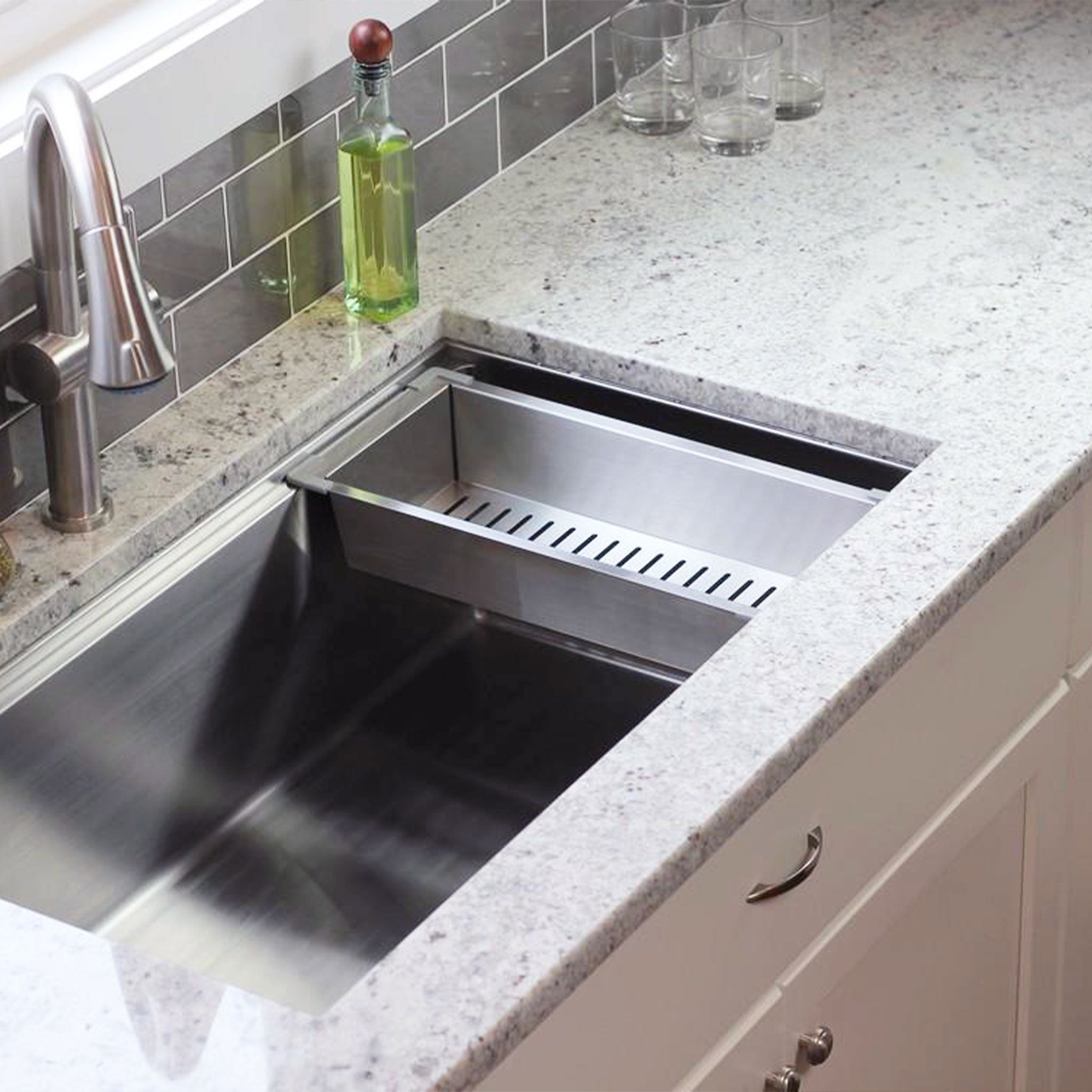 Stainless steel colander accessory for workstation kitchen sink