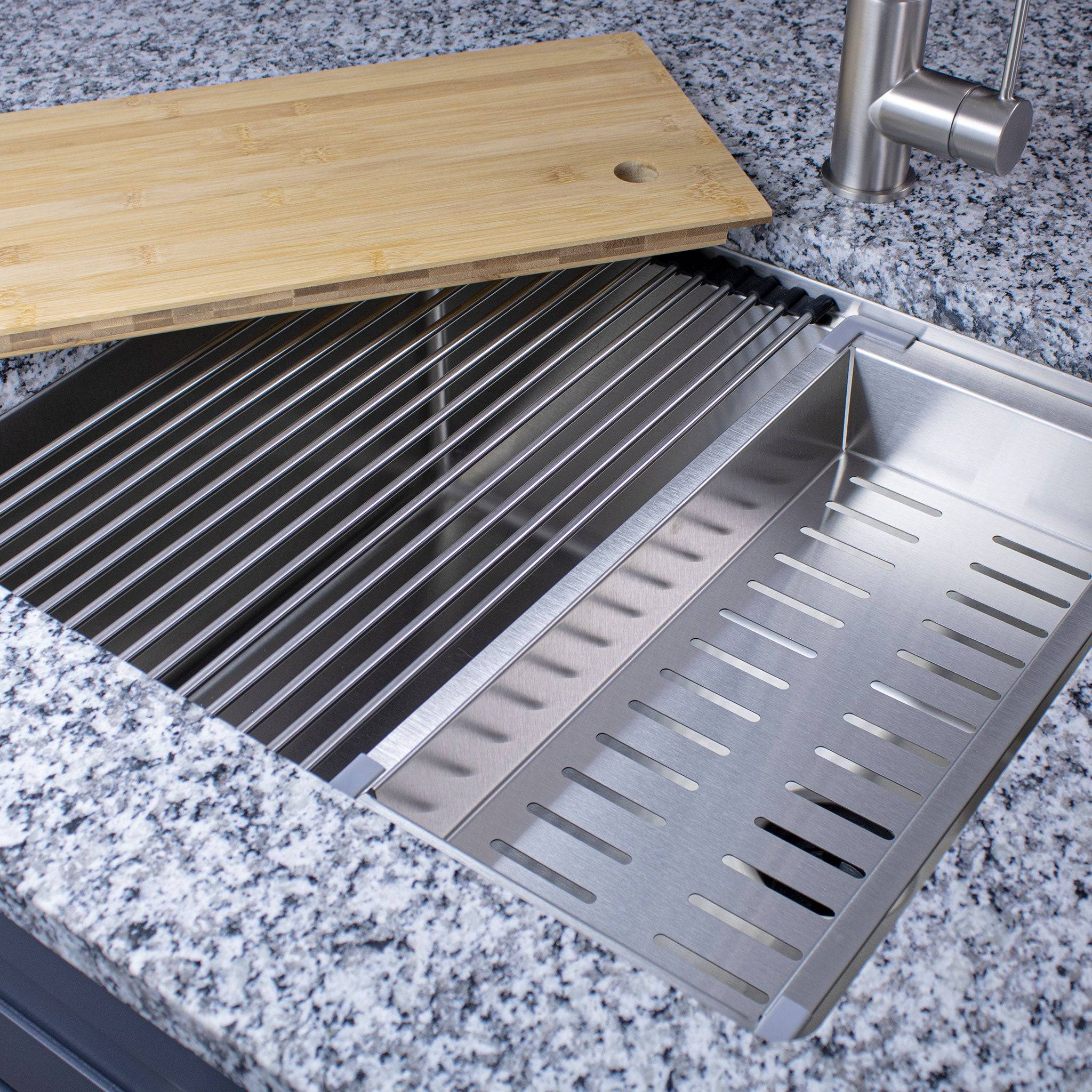 stainless steel roll-mat, bamboo cutting board, stainless steel colander