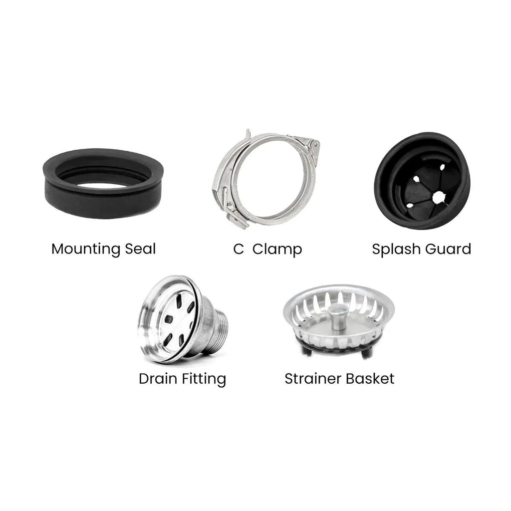 Complete drain kit with splash guard, mounting seal, C clamp, drain fitting, and strainer basket. Essential plumbing parts for sink drain assembly.