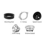 Complete drain kit with splash guard, mounting seal, C clamp, drain fitting, and strainer basket. Essential plumbing parts for sink drain assembly.
