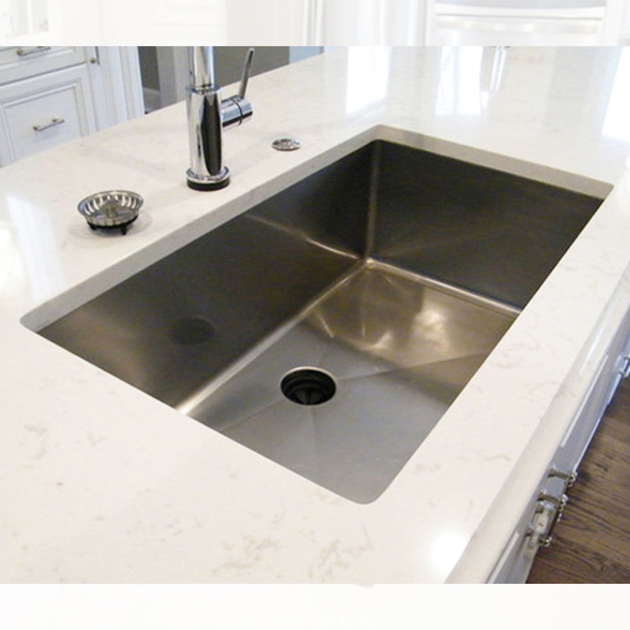 Real photos of client’s install of a 32” classic sink from Create Good Sinks with a seamless drain.
