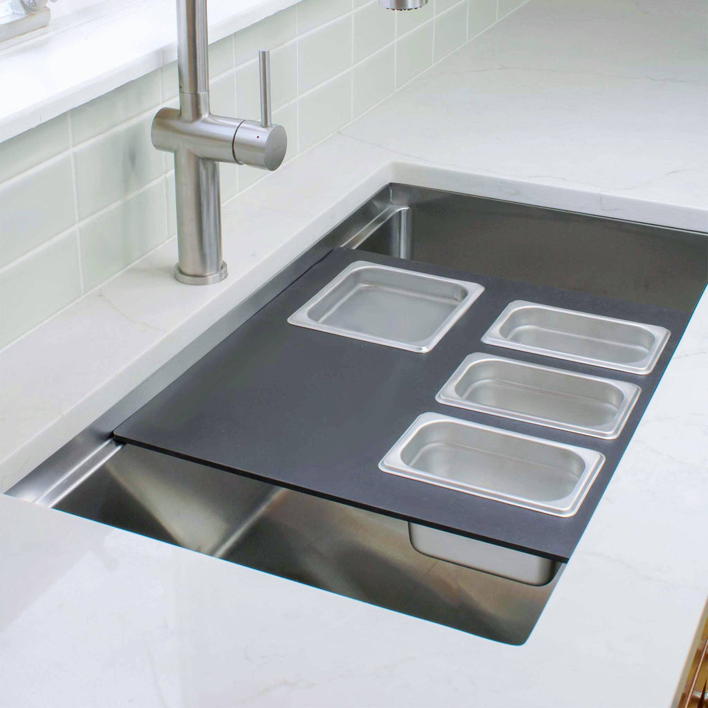 18 inch workstation sink accessory black cutting board with stainless steel serving bowls and lids