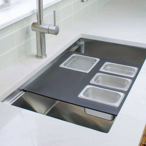 18 inch workstation sink accessory black cutting board with stainless steel serving bowls and lids