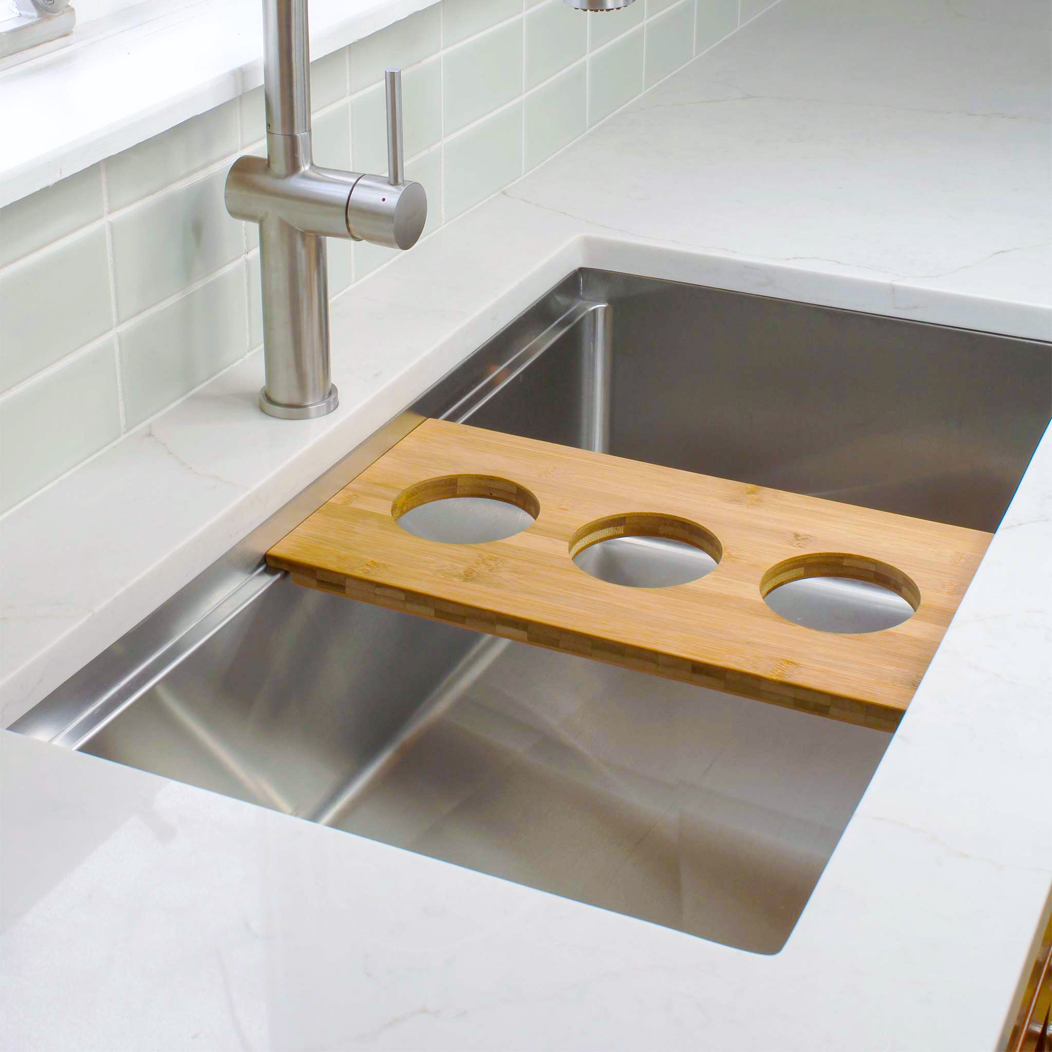 Custom bamboo board for ledge sink with utensil cups