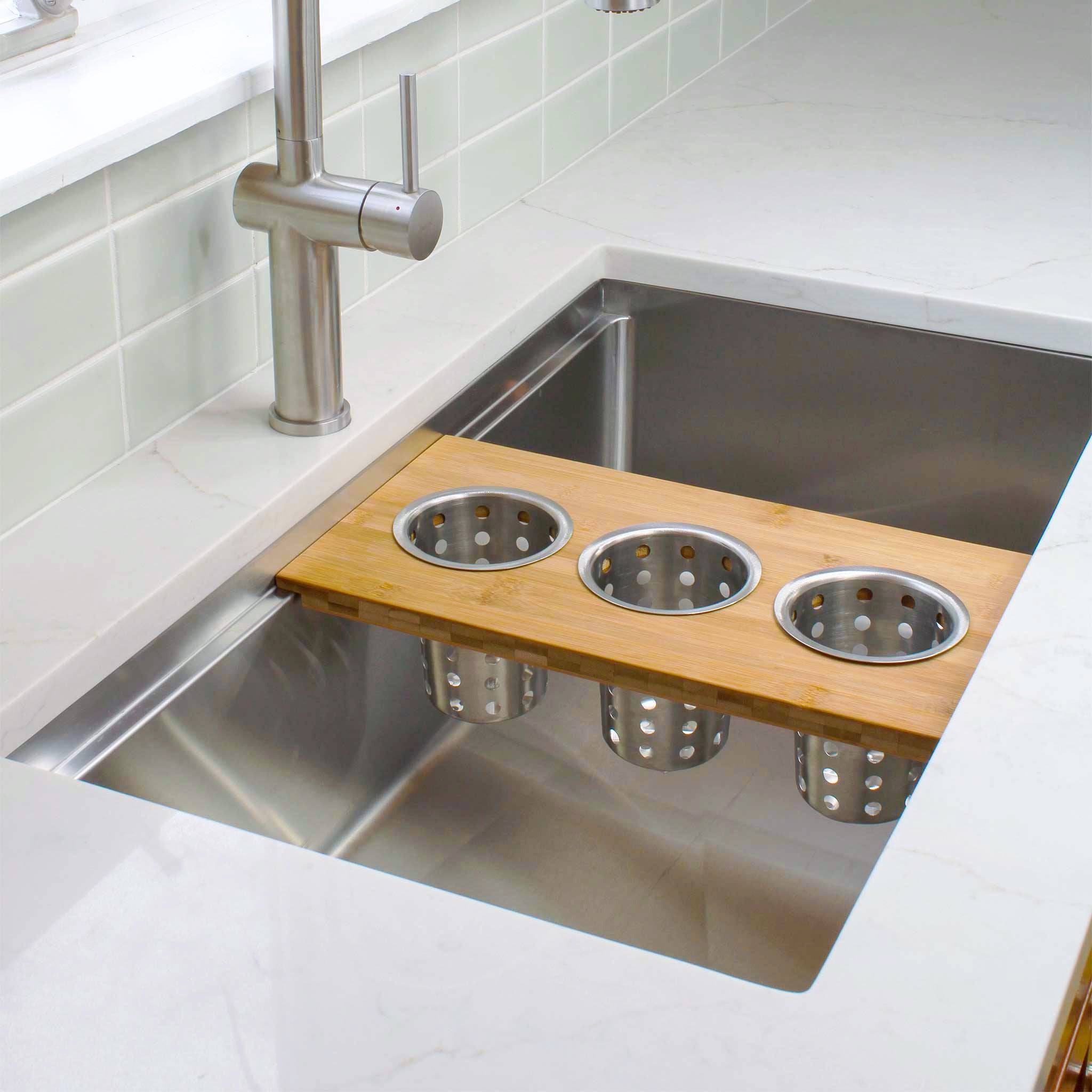 Custom bamboo board for ledge sink with utensil cups