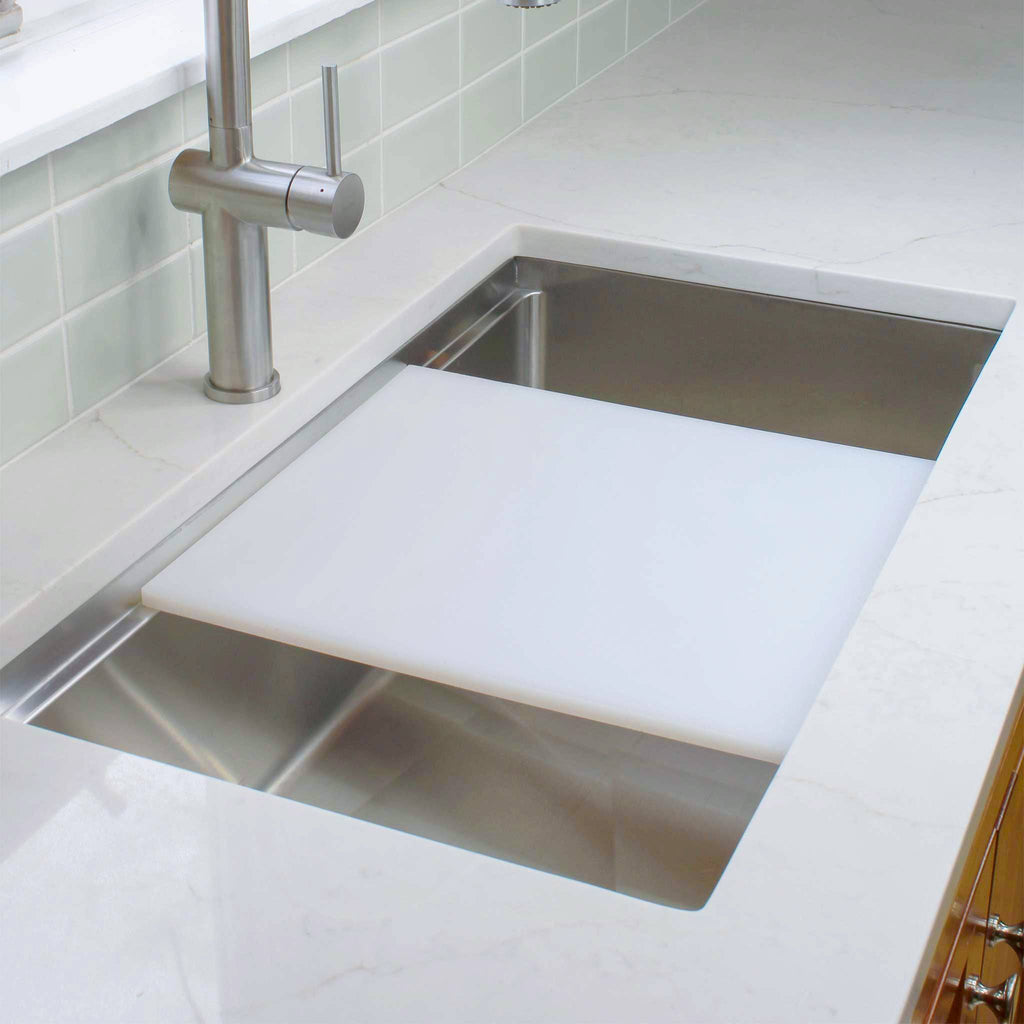 15 inch dishwasher safe white cutting board for workstation sink from Create Good Sinks