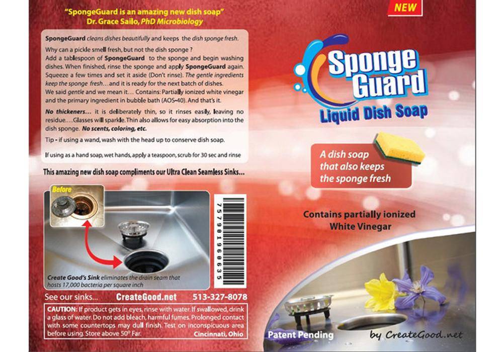 Sponge-Guard Liquid Dish Soap packaging with product details, highlighting its active ingredient, white vinegar, and its ability to keep sponges fresh.